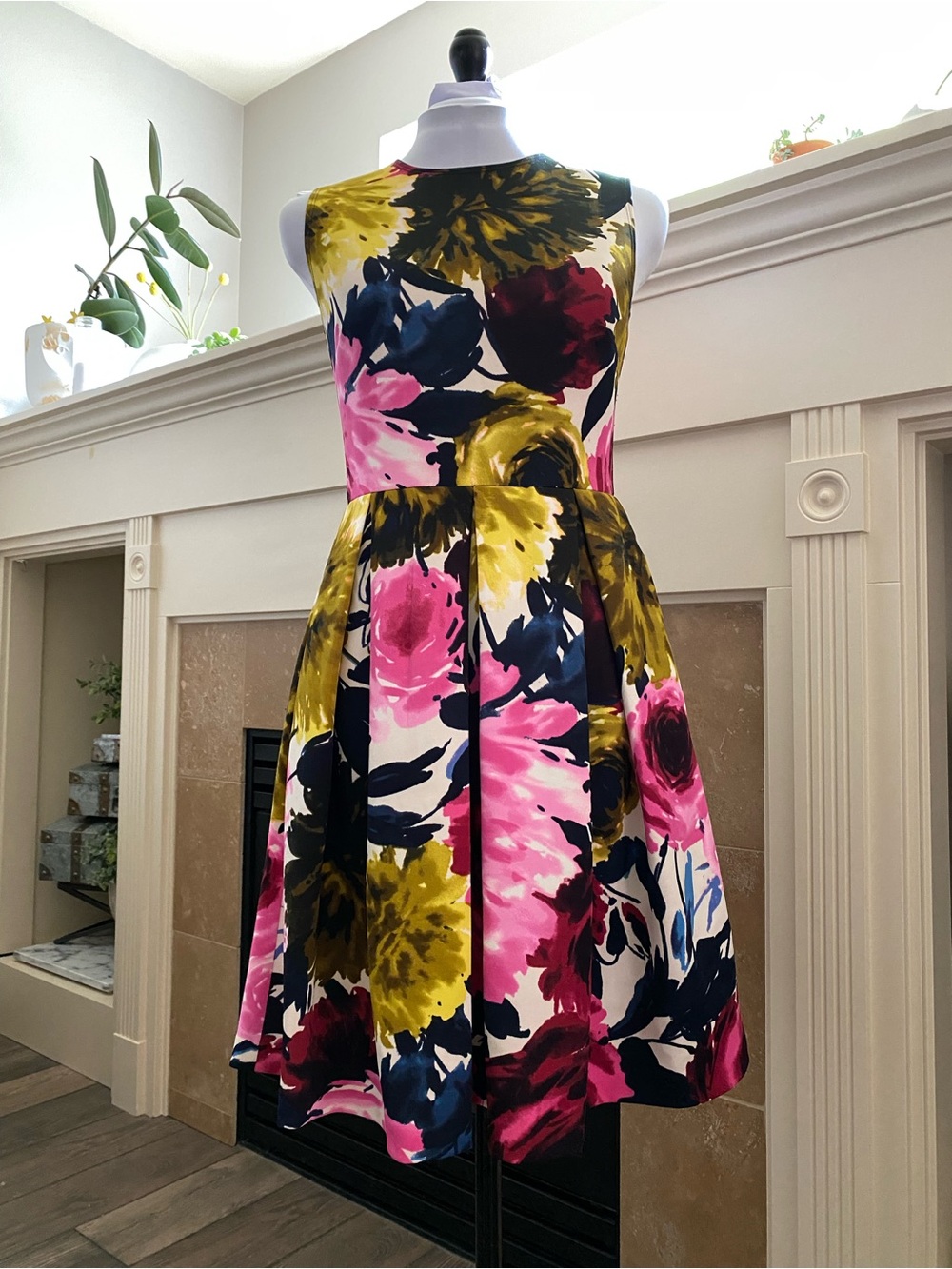 Taylor Floral Fit-and-Flare Dress in Pink, Yellow & Navy Floral